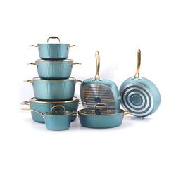 قیمت سرویس قابلمه 14 پارچه kzp طرح آلما آبی با دسته کروم 